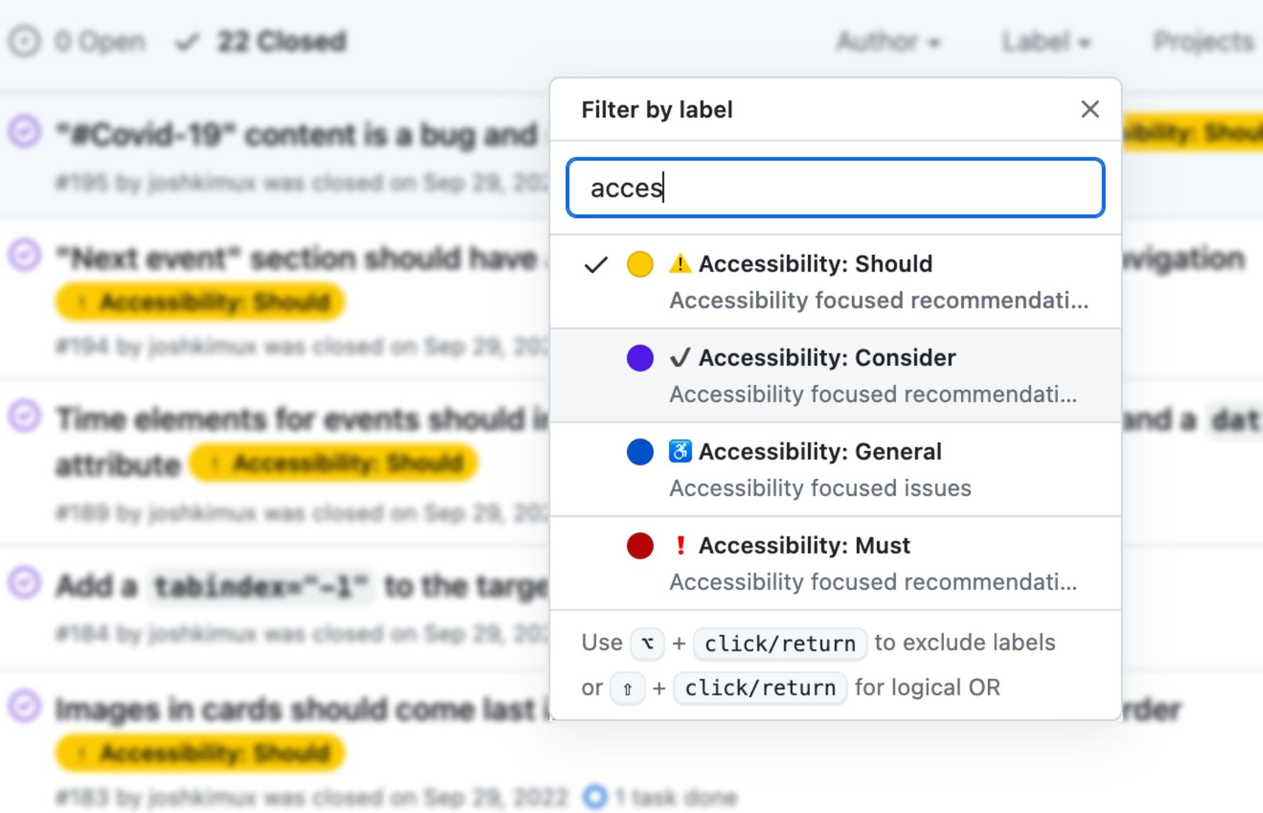 A github list of accessibility issues prioritized by must, should, and consider.